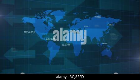 Visualizzazione dell'infografica digitale della mappa del mondo su una griglia scura, che mostra i punti dati con frecce traslucide Foto Stock