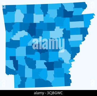 Mappa dell'Arkansas con le contee. Solo una semplice mappa del confine di stato con la divisione della contea. Tavolozza di colori azzurro. Illustrazione Vettoriale