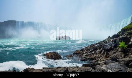 Panorama canadese delle Horseshoe Falls, con una barca turistica sotto, Niagara Falls, Ontario, Canada Foto Stock