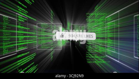 Streaming di linee di codice verdi attraverso il tunnel digitale, che mostra una bolla di notifica con 904.978 mi piace Foto Stock