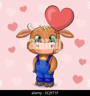 Carino cartoni animati Bull con palloncino a forma di cuore. Illustrazione vettoriale di un animale su sfondo rosso con cuori e stelle. Illustrazione Vettoriale