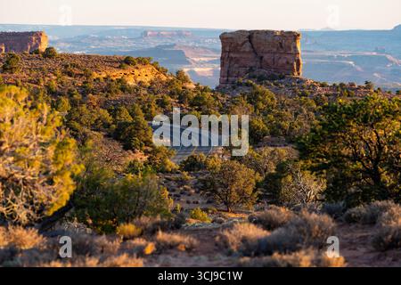 Una strada panoramica e tortuosa serpeggia attraverso un vasto paesaggio arido del sud-ovest americano durante l'ora d'oro. La luce calda del sole illumina una grande e suggestiva san Foto Stock