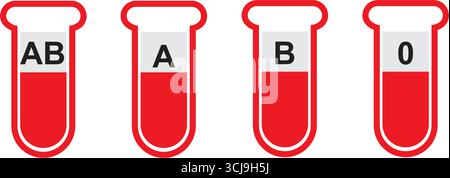 Illustrazione vettoriale di quattro provette di laboratorio riempite di sangue, ciascuna etichettata con un diverso tipo di sangue umano. Stile pulito e piatto con colori audaci Illustrazione Vettoriale