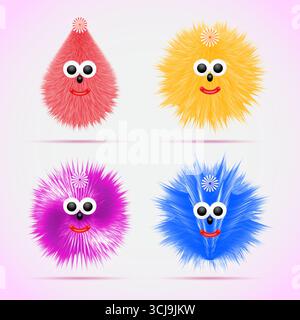 Set di divertenti creature cartoni animati con texture morbide ed espressioni felici, perfetto per disegni per bambini, adesivi e decorazioni divertenti. Illustrazione Vettoriale