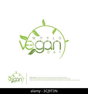 Modello Letter World Vegan Day continuo con foglia. Illustrazione vettoriale Illustrazione Vettoriale