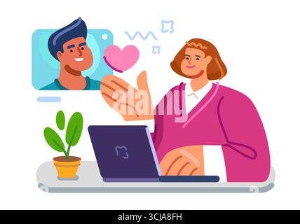 App di incontri online. Una coppia adorabile che chiacchiera su Internet usando un computer portatile. Relazione a distanza. Il giorno di San Valentino Illustrazione Vettoriale