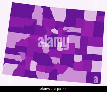 Mappa del Colorado con le contee. Semplice mappa del confine di stato con la divisione della contea. Tavolozza dei colori viola. Illustrazione Vettoriale