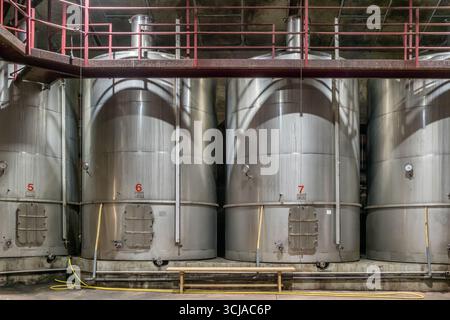 Enormi vasche di fermentazione in metallo nella moderna azienda vinicola Rioja in Spagna Foto Stock