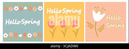 Ciao primavera. Natura. Set di moderni sfondi primaverili con fiori geometrici minimalisti. Illustrazione Vettoriale