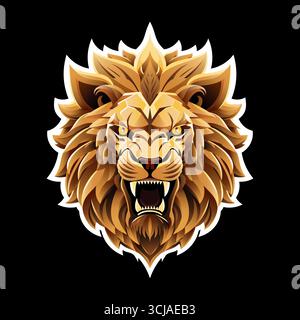 Feroce logo con testa di leone con brillante criniera dorata. Mascotte vettoriale perfetta per eSport, squadre sportive, marchi o potenti emblemi. Illustrazione Vettoriale