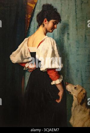 Therese Schwartze "giovane donna italiana con "Puck" il cane", 1884; dipinto del XIX secolo di un ritratto di una donna e di un cane. Ritrattista olandese Foto Stock