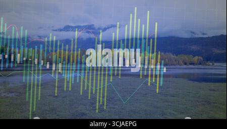 Sovrapposizione di un grafico finanziario su prati sul lago e alberi autunnali, con barre, grafici a linee e griglia Foto Stock
