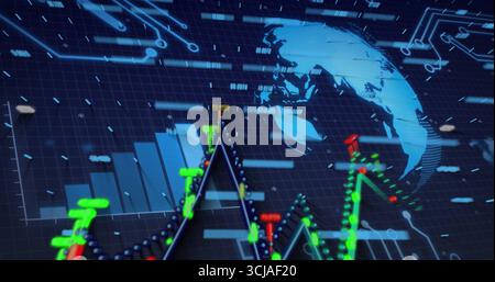 Visualizzazione del grafico fluttuante sul dashboard finanziario virtuale, con marcatori a candela e mappa del globo Foto Stock
