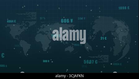 Visualizzazione della mappa del mondo punteggiata e del globo sul dashboard dati color ottanio, che mostra i punti dati numerici mobili Foto Stock