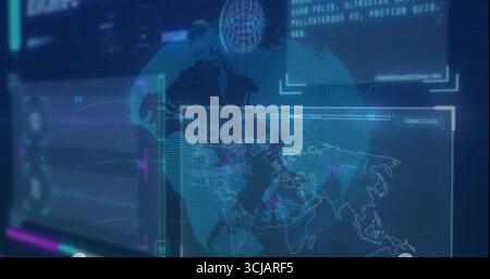Visualizzazione del globo olografico sovrapposto alla mappa dei punti nella sala di controllo virtuale, con la visualizzazione delle letture dei dati Foto Stock