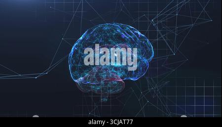 Mostra i nodi e i filamenti neurali brillanti del modello cerebrale 3D nella griglia a reticolo navy con linee di rete Foto Stock