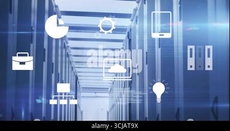 Mostra la passerella fiancheggiata da rack per server nel data center sotto i passacavi con icone tecnologiche galleggianti Foto Stock