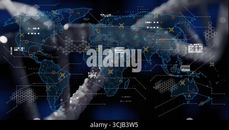 Visualizzazione di una mappa del mondo traslucida su interfaccia digitale, con visualizzazione a doppia elica e dati Foto Stock