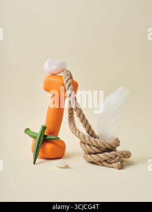 Una composizione artistica di natura morta con un manubrio arancione adornato con un guscio d'uovo, intrecciato con una corda, okra e una piuma su una b neutra Foto Stock