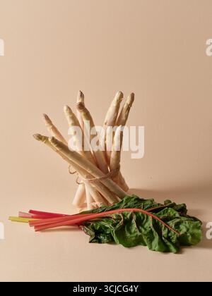 Un fascio di asparagi bianchi freschi legati a spago accanto al vivace frutteto svizzero con foglie verdi e steli rossi, posti su uno sfondo beige neutro, sh Foto Stock