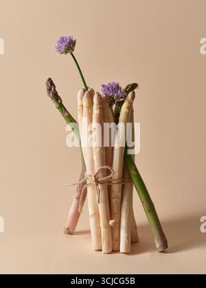 Un fascio di asparagi freschi bianchi e verdi legati a corda, completati da vivaci fiori di erba cipollina viola su sfondo beige. Foto Stock