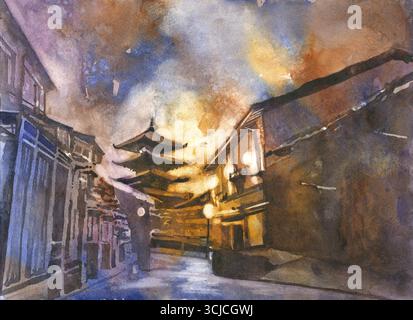 Tempio Hōkan-ji (Pagoda Yasaka) a Kyoto, pagoda buddista, monumento storico, pittura ad acquerello colorato, decorazioni giapponesi sulle pareti, elementi essenziali Foto Stock