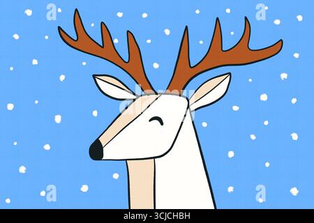Un'affascinante illustrazione di renne ambientata su uno sfondo blu cielo con fiocchi di neve che cadono dolcemente cattura l'essenza di una tranquilla scena invernale e. Foto Stock