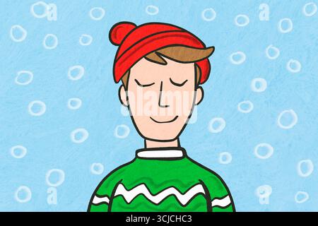 L'illustrazione raffigura un uomo sereno con un cappello rosso e un maglione verde, gli occhi chiusi su uno sfondo blu innevato. L'opera d'arte trasmette calore e pace Foto Stock