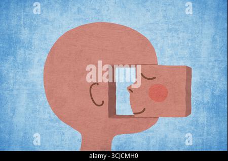 Illustrazione che raffigura una silhouette con un blocco rimovibile che mostra un volto sorridente, simboleggia la consapevolezza di sé, la consapevolezza e la pace interiore in mezzo a una t Foto Stock