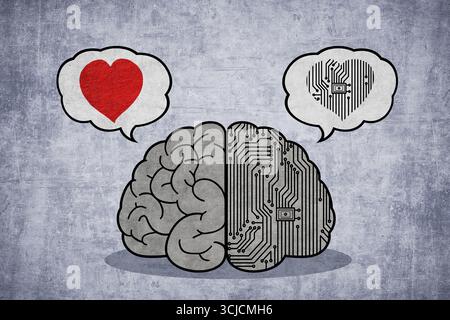 Un'illustrazione creativa che raffigura un cervello diviso a metà, con un lato che mostra l'emozione umana attraverso un cuore e l'altro che rappresenta artifi Foto Stock