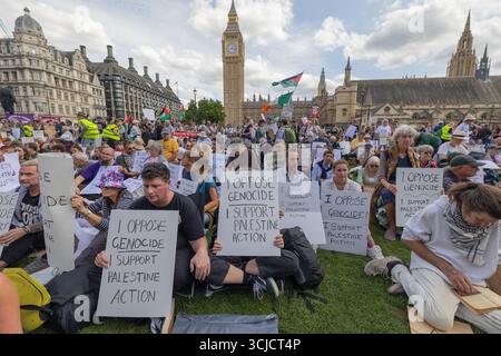 Londra, Regno Unito. 6 settembre 2025. I manifestanti si riuniscono fuori dal Palazzo di Westminster a Londra, tenendo dei segni che si oppongono al genocidio e sostengono l'azione palestinese. Seduta sull'erba con bandiere palestinesi visibili, la protesta mette in evidenza il dissenso pubblico e la solidarietà. Difendere la protesta delle nostre giurie per la proscrizione dell’azione contro la Palestina, con oltre 1000 persone che si impegnano a tenere dei segnali contro il divieto dei laburisti e a dimostrare sostegno al gruppo proscritto. Penelope Barritt/Alamy Live News Foto Stock