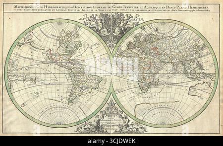 1691 Sanson Mappa del mondo – Mappe-monde Geo-Hydrographique. Progettata da Nicolas Sanson, geografo reale di Francia, questa proiezione a doppio emisfero illustra il globo con linee costiere dettagliate, confini politici e prime conoscenze geografiche. Pubblicata a Parigi nel 1691, la mappa include elaborati cartigli decorativi con figure mitologiche e disegni decorativi. Foto Stock