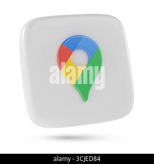 Buenos Aires, Argentina; 6 settembre 2025: Logo tridimensionale di Google Maps isolato su sfondo bianco. illustrazione 3d. Foto Stock