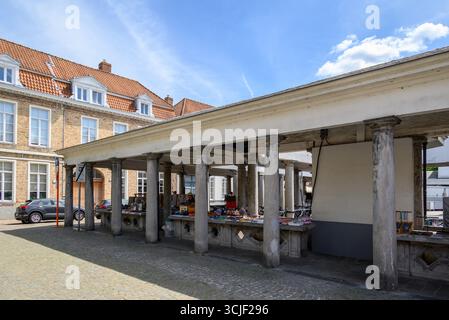 Storico mercato del pesce di Vismarkt, colonnato coperto del mercato del pesce a Bruges, Fiandre occidentali, Belgio, il 17 luglio 2025 Foto Stock