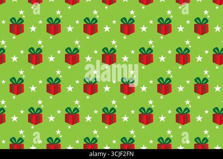 Un motivo senza cuciture con file di confezioni regalo rosse con archi verdi sparsi su uno sfondo verde brillante. Le stelle bianche di varie dimensioni sono intermedie Illustrazione Vettoriale