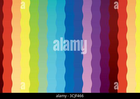 Uno sfondo vibrante con strisce verticali ondulate in uno spettro di colori che vanno dai rossi e gialli caldi ai blu e ai viola più freddi. Illustrazione Vettoriale