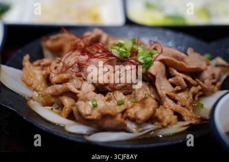 Piatto tradizionale coreano di manzo Bulgogi con cipolle verdi su piatto nero Foto Stock
