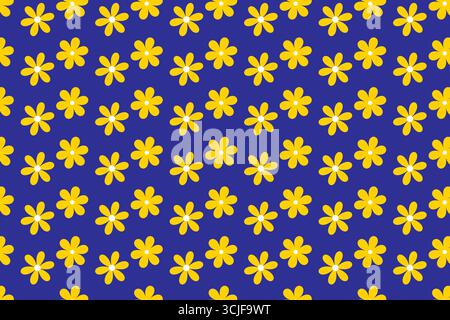 Questa immagine presenta una ripetizione di semplici fiori gialli stilizzati con centri bianchi. I fiori sono distribuiti uniformemente in un profondo reale Illustrazione Vettoriale