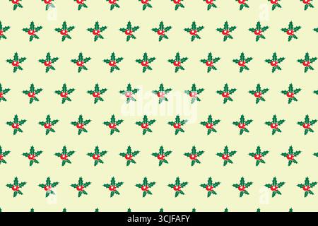 Questa immagine presenta un motivo senza cuciture composto da foglie agrillate verdi stilizzate adornate con frutti di bosco rosso brillante, adagiate su un dorso giallo pallido Illustrazione Vettoriale