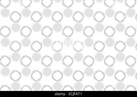 Un motivo geometrico ripetuto presenta righe alternate di sottili cerchi girevoli neri e cerchi grigi chiari su uno sfondo bianco pulito. Illustrazione Vettoriale