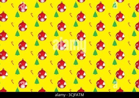 Questo motivo festivo senza cuciture presenta una disposizione ripetuta di ornamenti natalizi rossi adornati con fiocchi di neve e alberi, intervallati dal verde Illustrazione Vettoriale