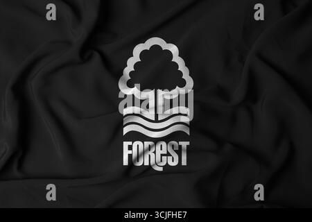 Pringsewu, Lampung; 7 settembre 2025; Nottingham Forest Club Logo Badge, simbolo della Premier League inglese, Banner Flying on Black background Foto Stock