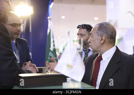 Le aziende saudite espongono prodotti e investimenti all'interno del padiglione saudita alla Fiera Internazionale di Damasco, la prima edizione dopo la caduta di Ba Foto Stock