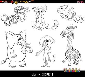 Illustrazione dei cartoni animati di Funny Animals serie di personaggi fumettistici pagina di colorazione Illustrazione Vettoriale