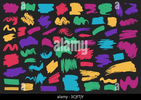 Grande pacchetto di forme colorate dipinte a mano, vortici, forme, tratti di pennello ed elementi doodle. Elegante vettore minimalista astratto con effetto grunge. Illustrazione Vettoriale
