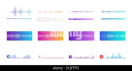 Messaggi vocali, elementi dell'interfaccia dello schermo mobile del lettore audio e set di icone dell'app registratore audio. Bolle di conversazione testuale con forma d'onda, riproduzione e interruzione, pulsanti di controllo pausa microfono illustrazione vettoriale Illustrazione Vettoriale