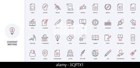 Idea creativa e testo degli autori creazione di articoli, pubblicazione, protezione del copyright del set di icone della linea del libro bestseller. Immagine vettoriale con sfumature e pennarelli di scrittura sottili in nero e rosso Illustrazione Vettoriale