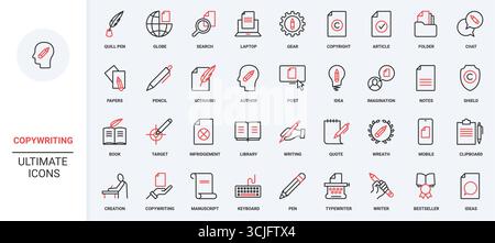 Creazione di contenuti per autore, ricerca di idee e ispirazione per l'articolo del blog, set di icone della linea del libro. Scrittura e penna, matita e tastiera per scrivere sottile illustrazione vettoriale del simbolo del contorno nero e rosso Illustrazione Vettoriale