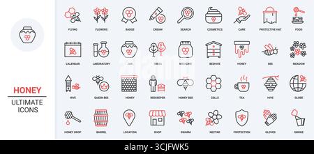 Prodotti a base di miele per cosmetici, medicina, apicoltura e apicoltura, set di icone della linea apicoltura. Vaso di miele, insetto sul fiore, attrezzatura protettiva degli apicoltori sottile, simbolo del contorno nero e rosso, illustrazione vettoriale Illustrazione Vettoriale