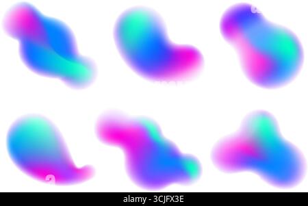 Sfumatura di forme sfocate su sfondo bianco. Elementi liquidi colorati. Blobi vettoriali morbidi blu e rosa. Macchie di gradazione olografiche. Vivace Illustrazione Vettoriale
